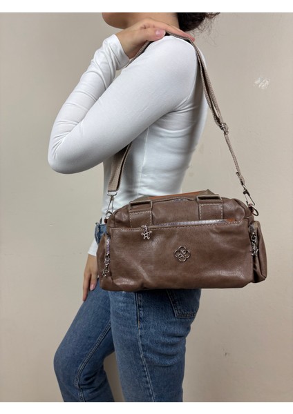 Kadın Suni Deri Kahve Çok Gözlü Casual Midi Boy Omuz Çantası