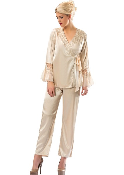 Techmrt Gold Rengi Saten Pijama Takımı - 1592 - Beden S