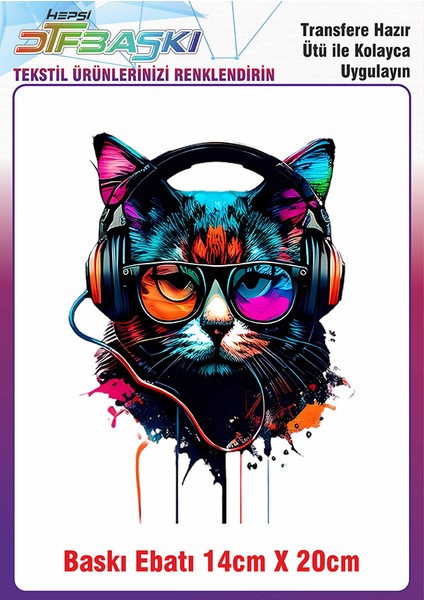 Müzik Dinleyen Kedi Ütü ile Yapışan Kumaş Tekstil Kıyafet Dtf Baskı