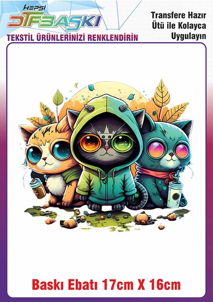 Sevimli Kediler Ütü ile Yapışan Kumaş Tekstil Kıyafet Dtf Baskı