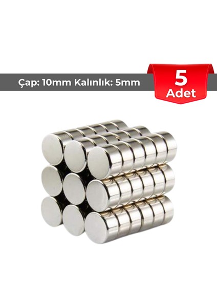 [5 Adet] Neodyum Mıknatıs Çap 10MM Kalınlık 5mm [D10X5] Ndfeb Güçlü Mıknatıs – Yuvarlak [N014]