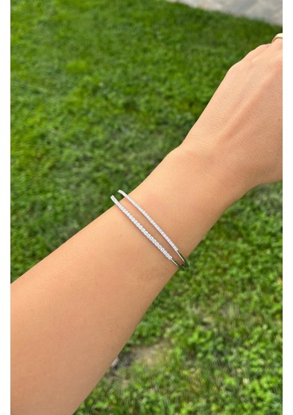 Gümüş Renkli Taşlı Kelepçe