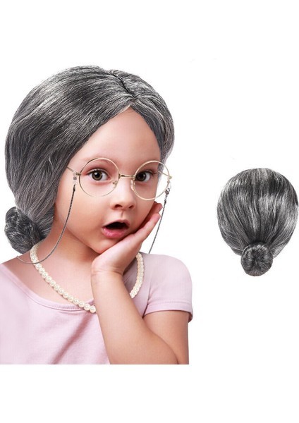 Gri Renk Yaşlı Peruğu Takma Saç Anneanne Babaanne Yetişkin Çocuk Uyumlu