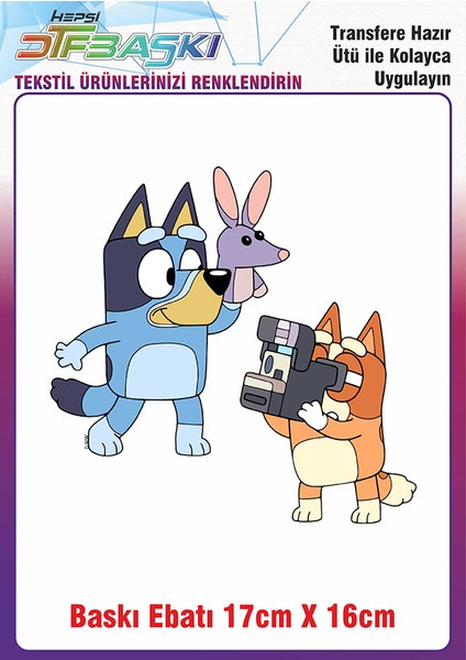 Bluey Temalı Ütü ile Yapışan Kumaş Tekstil Kıyafet Dtf Baskı