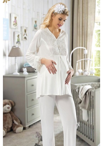 Techmrt Ekru Hamile ( Lohusa ) Pijama Takımı - 1604 - Beden S