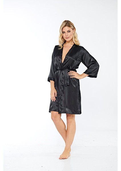 Techmrt Siyah Ipek Saten Sabahlık - 14000 - Beden Xl