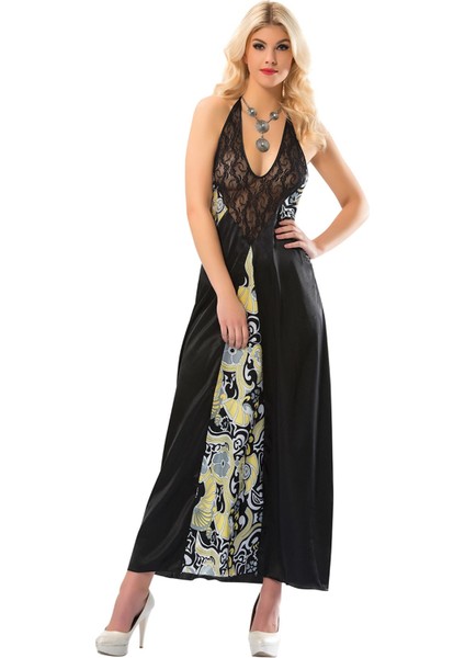 Techmrt Siyah Dantelli Saten Gecelik - 086 - Beden L/xl