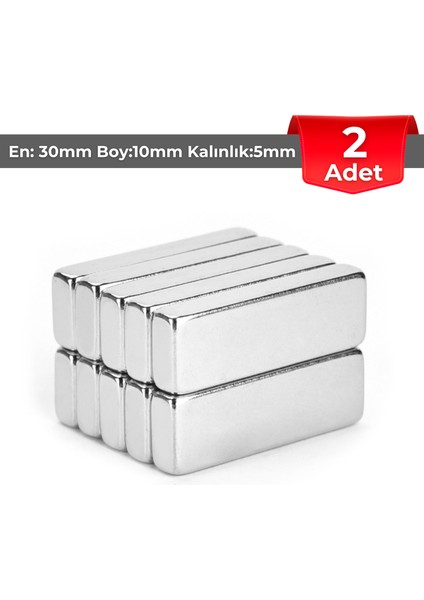 [2 Adet] Neodyum Mıknatıs Boy: 30MM En: 10MM Kalınlık: 5mm [30X10X5] Ndfeb Güçlü Mıknatıs [N106]