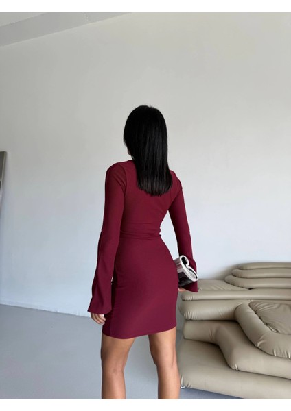 Prenses Kol Esnek Kumaş Elbise Bordo F2334 modelleri