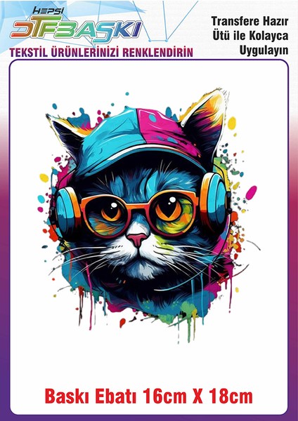 Müzik Dinleyen Kedi Ütü ile Yapışan Kumaş Tekstil Kıyafet Dtf Baskı