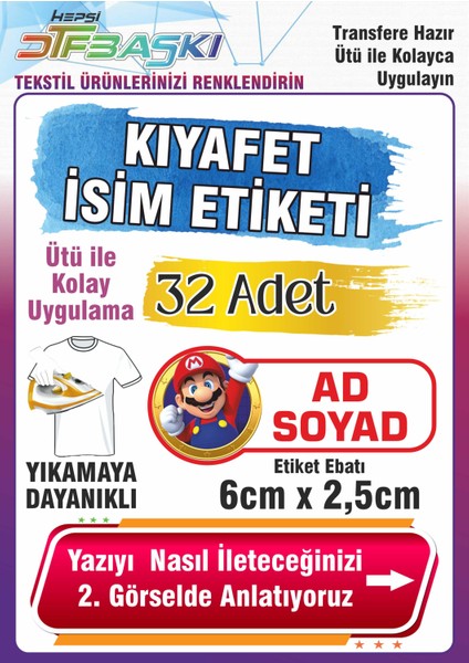 Mario Temalı Okul Kıyafeti Etiketi Isme Özel