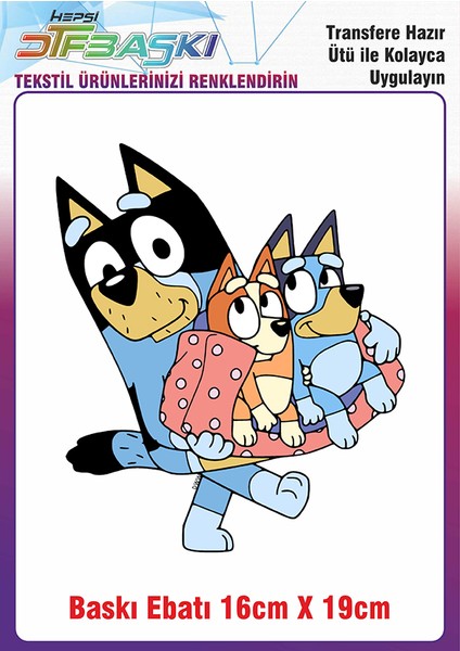 Bluey Temalı Ütü ile Yapışan Kumaş Tekstil Kıyafet Dtf Baskı