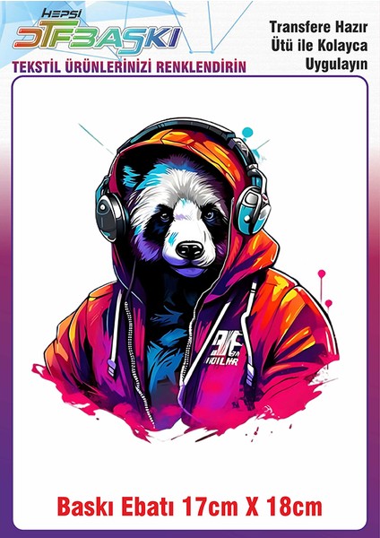 Müzik Dinleyen Panda Ütü ile Yapışan Kumaş Tekstil Kıyafet Dtf Baskı