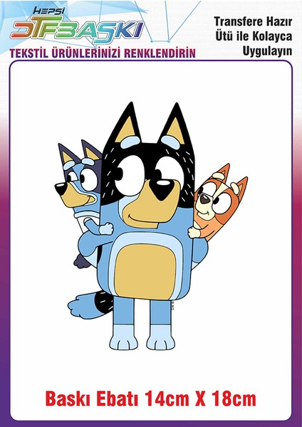 Bluey Temalı Ütü ile Yapışan Kumaş Tekstil Kıyafet Dtf Baskı