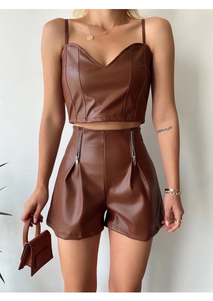 Çift Fermuarlı Deri Şort Kahve H24394 fiyatları