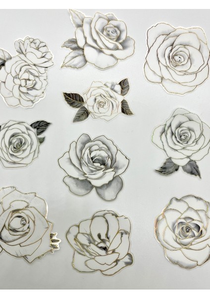 Florescence Altın Yaldızlı Siyah-Beyaz Özel Tasarım Gül Çiçeği Sticker Seti/20 Adet/etiket/çıkartma fiyatları