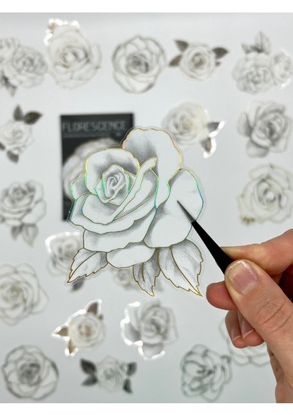Florescence Altın Yaldızlı Siyah-Beyaz Özel Tasarım Gül Çiçeği Sticker Seti/20 Adet/etiket/çıkartma fırsatları