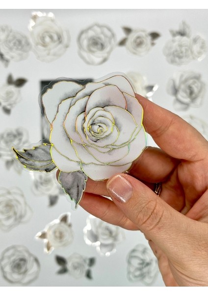 Florescence Altın Yaldızlı Siyah-Beyaz Özel Tasarım Gül Çiçeği Sticker Seti/20 Adet/etiket/çıkartma indirimleri