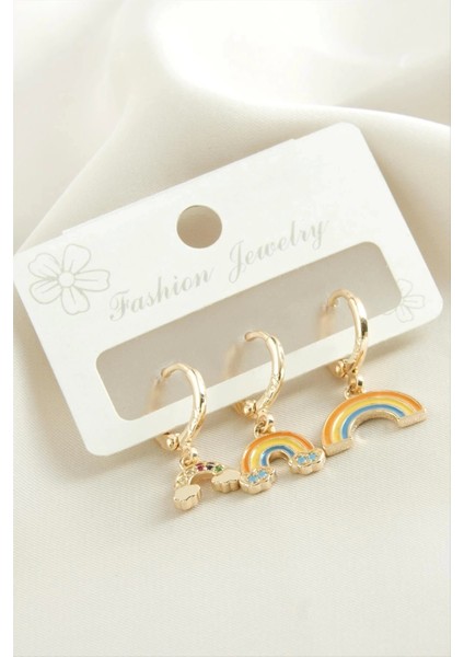 3 Adet Gökkuşağı Zirkon Taşlı Küpe