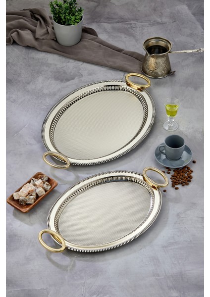 Oval Model Lüx Metal 2’li Sunum Tepsisi – Şık Kulplu Çay Tepsisi, Kahve ve Nişan Sunum Tepsisi Seti (37X28 cm ve 44X33 Cm)
