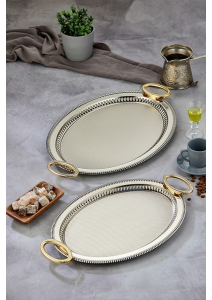 Oval Model Lüx Metal 2’li Sunum Tepsisi – Şık Kulplu Çay Tepsisi, Kahve ve Nişan Sunum Tepsisi Seti (37X28 cm ve 44X33 Cm) fiyatları