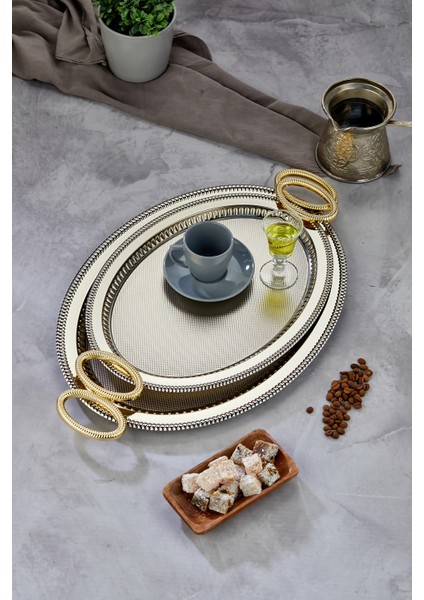 Oval Model Lüx Metal 2’li Sunum Tepsisi – Şık Kulplu Çay Tepsisi, Kahve ve Nişan Sunum Tepsisi Seti (37X28 cm ve 44X33 Cm)
