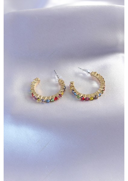 Gold Renk Yarım Halka Model Renkli Kristal Taşlı Kadın Küpe - EBJ251025W31636