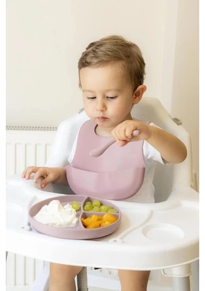 Pembe 3’lü Silikon Yemek Seti – Önlük + Diş Kaşıyıcılı Kaşık + Vakumlu Tabak fırsatları