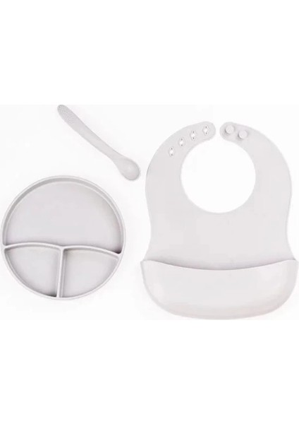 Gri 3’lü Silikon Yemek Seti – Önlük + Diş Kaşıyıcılı Kaşık + Vakumlu Tabak