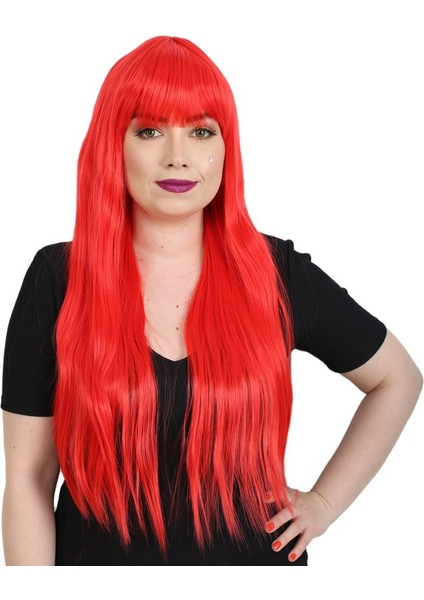 Uzun Kahküllü Fiber Sentetik Peruk / Kırmızı
