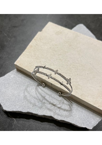 Gümüş Renkli Taşlı Yonca Kelepçe modelleri