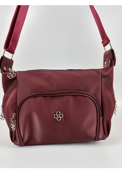 Kadın Suni Deri Bordo Çok Gözlü Günlük Midi Boy Omuz Çantası