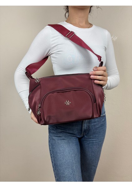 Kadın Suni Deri Bordo Çok Gözlü Günlük Midi Boy Omuz Çantası modelleri