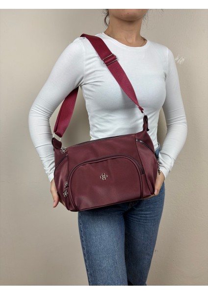 Kadın Suni Deri Bordo Çok Gözlü Günlük Midi Boy Omuz Çantası fırsatları