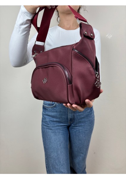 Kadın Suni Deri Bordo Çok Gözlü Günlük Midi Boy Omuz Çantası indirimleri