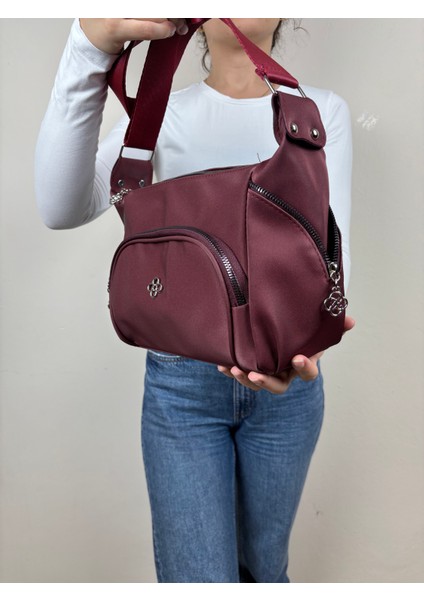 Kadın Suni Deri Bordo Çok Gözlü Günlük Midi Boy Omuz Çantası