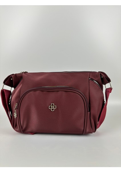 Kadın Suni Deri Bordo Çok Gözlü Günlük Midi Boy Omuz Çantası