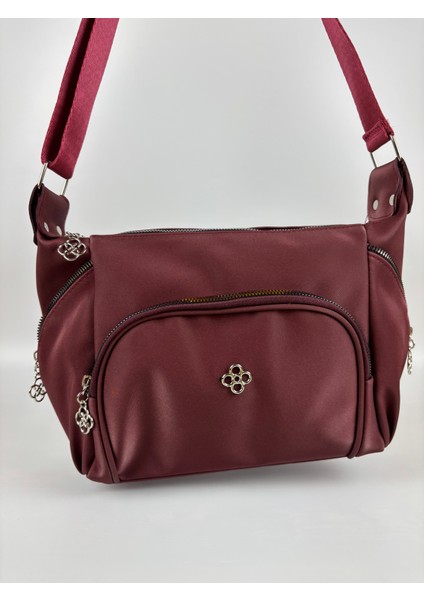 Kadın Suni Deri Bordo Çok Gözlü Günlük Midi Boy Omuz Çantası