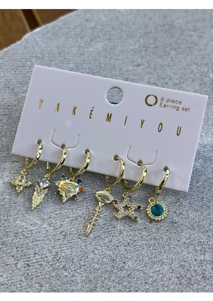 Renkli Taşlı Karışık Desenli Altılı Küpe