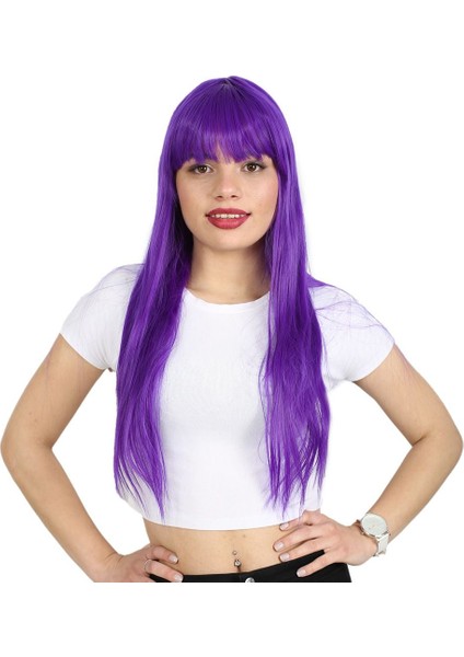 Uzun Kahküllü Fiber Sentetik Peruk / Mor