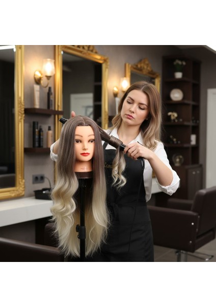 Kuaför Eğitim Mankeni / Yaki + Masa Aparatı / Kahverengi / Platin