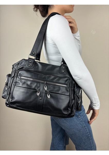 Kadın Suni Deri Siyah Çok Bölmeli Büyük Maxi Boy Omuz Çantası