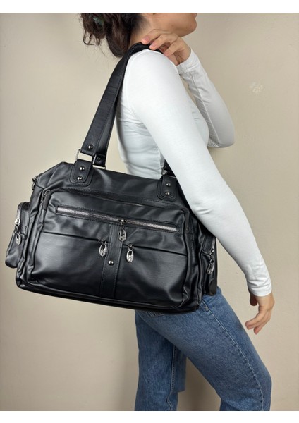 Kadın Suni Deri Siyah Çok Bölmeli Büyük Maxi Boy Omuz Çantası fiyatları