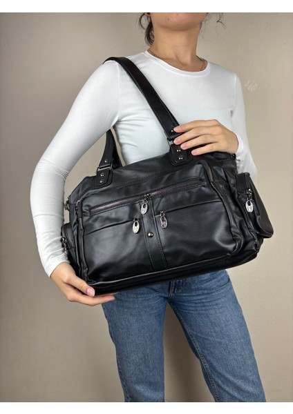 Kadın Suni Deri Siyah Çok Bölmeli Büyük Maxi Boy Omuz Çantası fırsatları