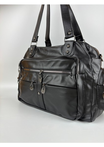 Kadın Suni Deri Siyah Çok Bölmeli Büyük Maxi Boy Omuz Çantası indirimleri