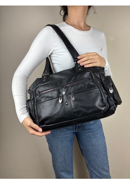 Kadın Suni Deri Siyah Çok Bölmeli Büyük Maxi Boy Omuz Çantası