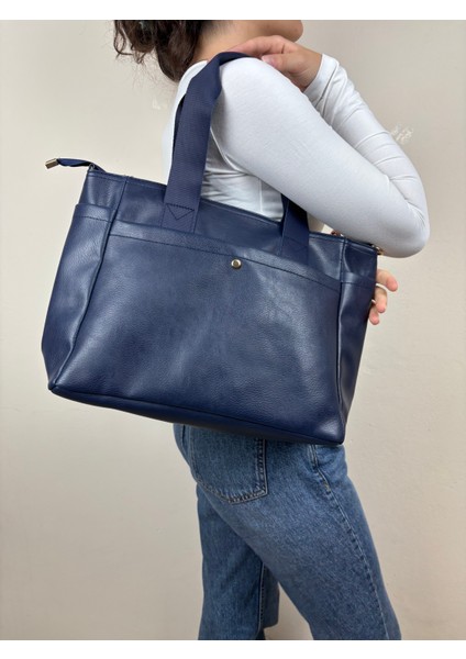 Kadın Suni Deri Lacivert Geniş Hacimli Casual Maxi Boy Omuz Çantası