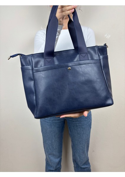 Kadın Suni Deri Lacivert Geniş Hacimli Casual Maxi Boy Omuz Çantası