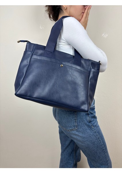 Kadın Suni Deri Lacivert Geniş Hacimli Casual Maxi Boy Omuz Çantası