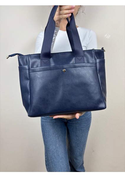 Kadın Suni Deri Lacivert Geniş Hacimli Casual Maxi Boy Omuz Çantası